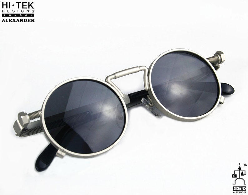 Hi Tek Alexander round silver vintage metal Steampunk Goth Retro unisex Techno Rock spring on temples NOS 1990s sunglasses image 1