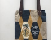 Shoulder bag, portable art with leather handle, handmade and hand-painted