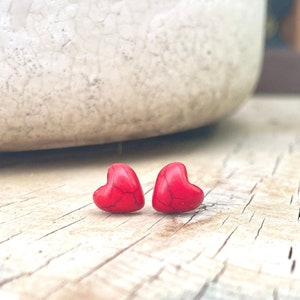 Small Red Magnesite Heart Studs Sterling Silver 925 Earrings