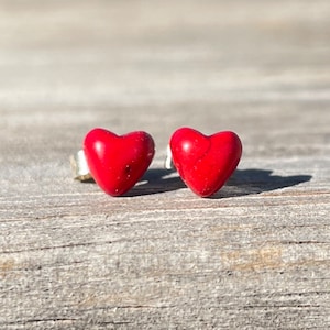 Teeny Tiny Red Magnesite Heart Studs Sterling Silver 925 Earrings