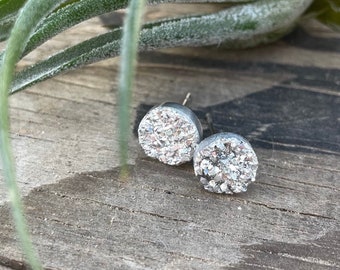 Small Silver Quartz Druzy Sterling Silver Stud Earrings