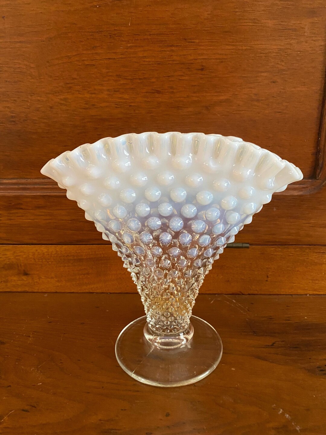 A Nice Vintage Fenton Art Glass French Opalescent Hobnail Fan Vase in ...