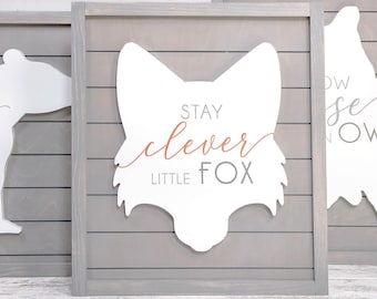Woodland Nursery Sign | Fox | Stay Clever Little Fox Sign | Forest Decor | Animal Wood Sign | Customize | Kids Room | 3D Sign | 14x16 Inches