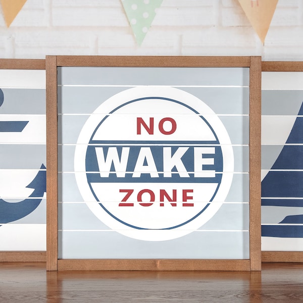 No Wake Zone Wood Sign |  Nautical Nursery Wall Decor | Sailboat | Anchor | Kids Room | Shiplap | Stripes | 13.5x15 | 15x15