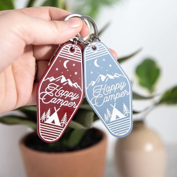 Happy Camper Acrylic Retro Keychain | Outdoor Engraved Keychain | Adventure Awaits | Camping Gifts | Made to Order