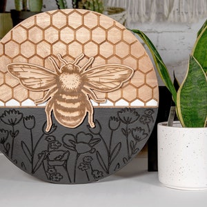 Bee Wood Sign | Honeycomb Sign | Spring |  Round Sign | Save Bees | Boho Decor | Laser Cut | Engraved Decor | 13 In.