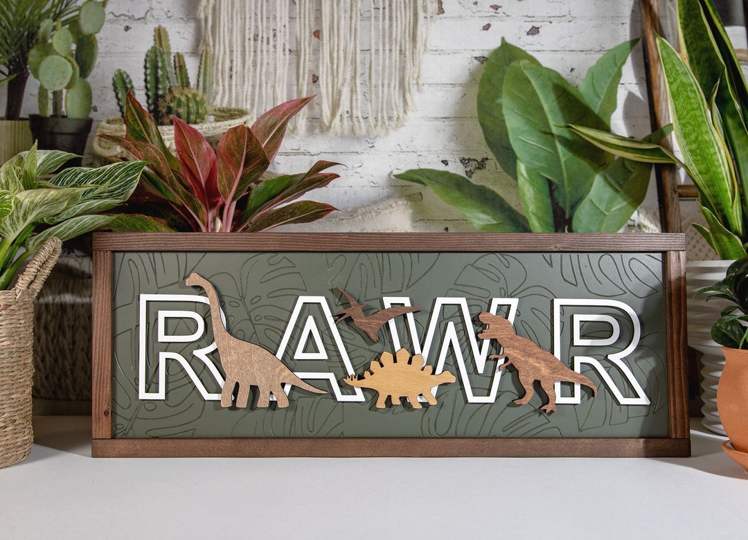 Rawr Dinosaur Engraved Monstera Wood Sign | Dinosaur Nursery | Kids ...