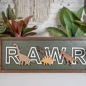 Rawr Dinosaur Engraved Monstera Wood Sign | Dinosaur Nursery | Kids ...