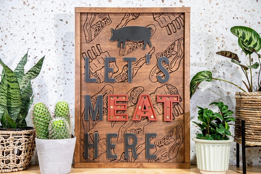 Let's Meat Here Wood Sign | Kitchen Decor | Butcher Cuts | Engraved ...