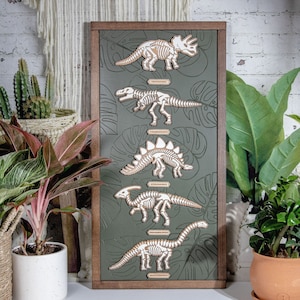 Dino Skeleton Engraved Monstera Wood Sign | Dinosaur Nursery | Kids Room | Never Go Extinct | Gift Idea | 3D Sign | Engraved Sign | 12x24
