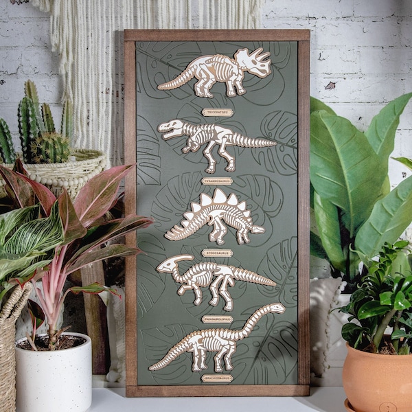 Letrero de madera de monstera grabado con esqueleto de dinosaurio / Habitación infantil / Nunca te extingas / Idea de regalo / Letrero 3D / Letrero grabado / 12 x 24