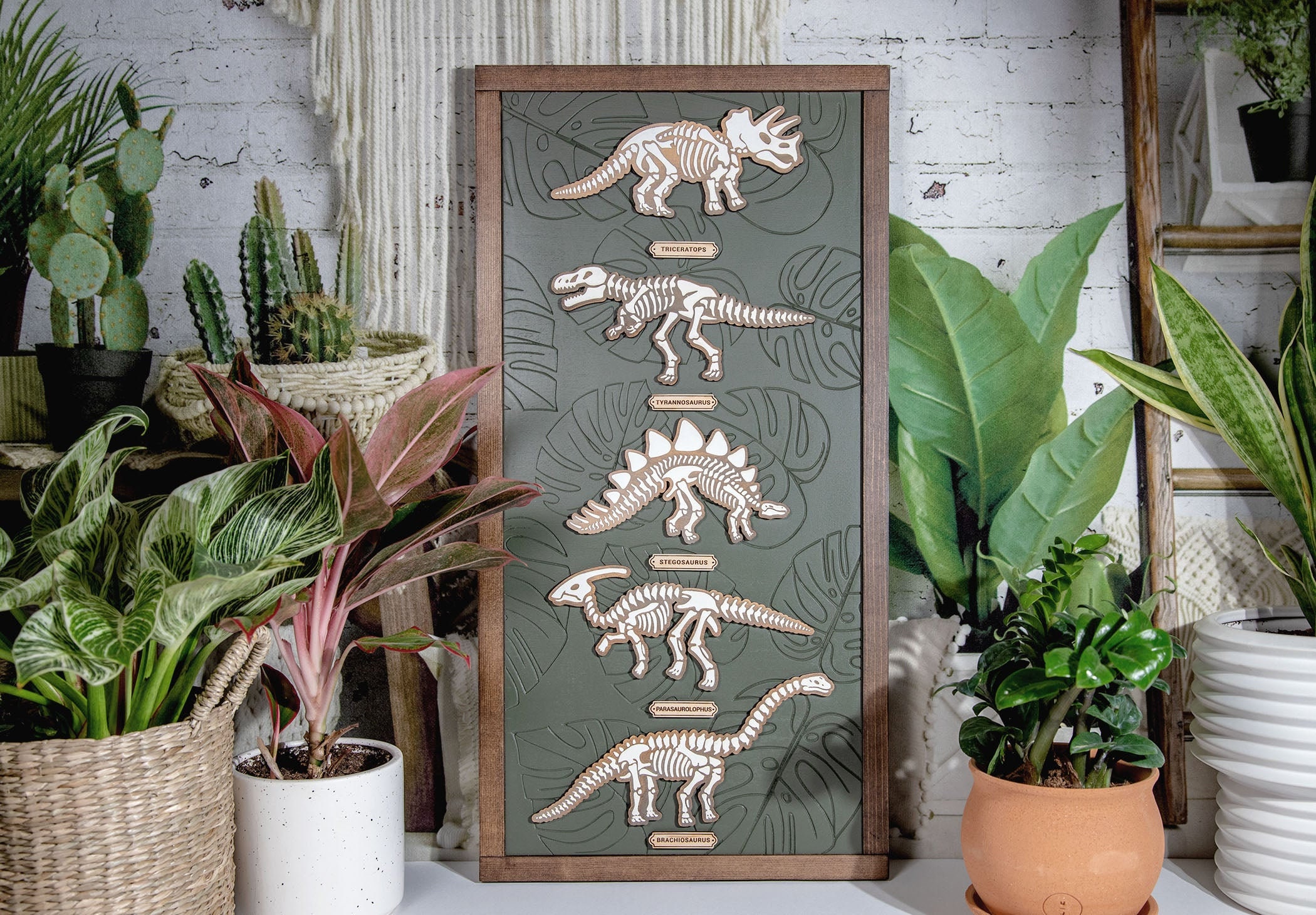 Dino Skeleton Engraved Monstera Wood Sign | Dinosaur Nursery | Kids Room | Never Go Extinct | Gift Idea | 3D Sign | Engraved Sign | 12x24