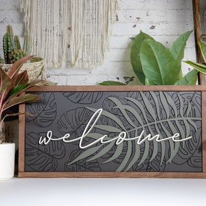 Welcome Fern & Monstera Wood Sign | Plant Lover Decor | Entry Room | Home Sign | 3D Sign | Engraved | 24x12