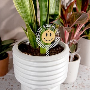 Plants Make Me Happy Checkered Acrylic Plant Stake Original | Plant Charms | Gift For Plant Lover | Plant Accessories | Indoor Garden