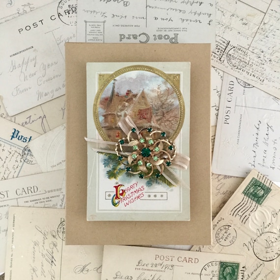 Christmas Pin and Postcard Set - Vintage Brooch - 