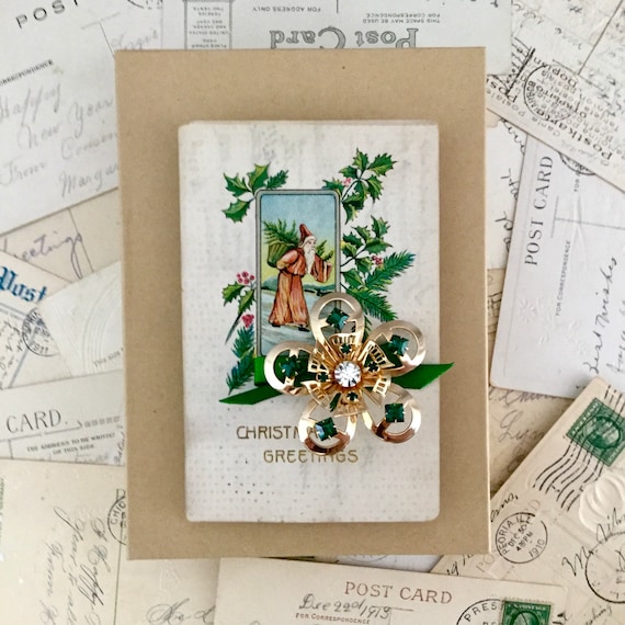Christmas Pin and Postcard Set - Vintage Brooch -… - image 1