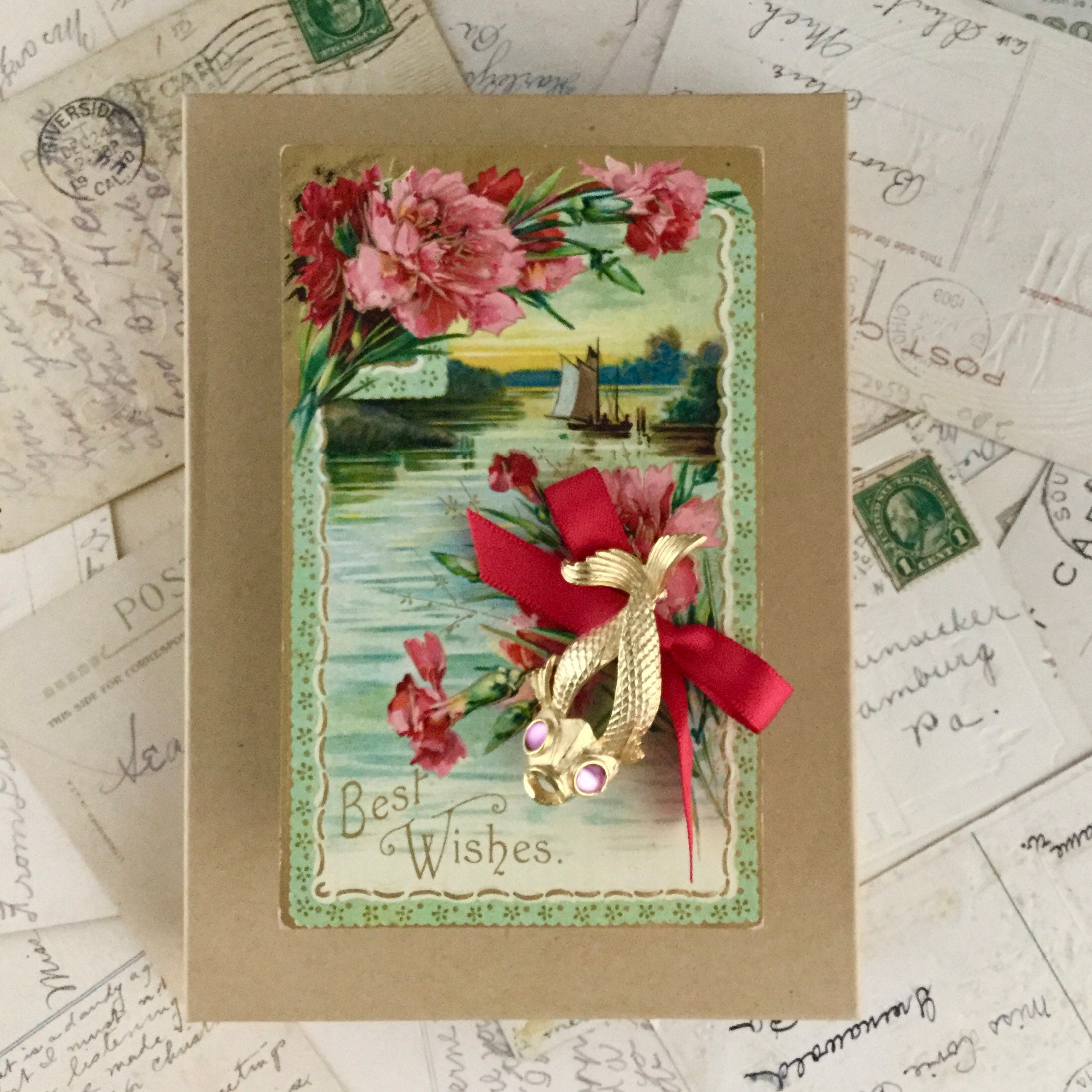 Old Postcard Pin and Postcard Set Antique Postcard Vintage Brooch Pin Cute Jewelry Fashion Jewelry
