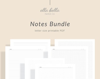 Notes Bundle, letter size printable PDF, lined pages, grid pages, dot grid pages