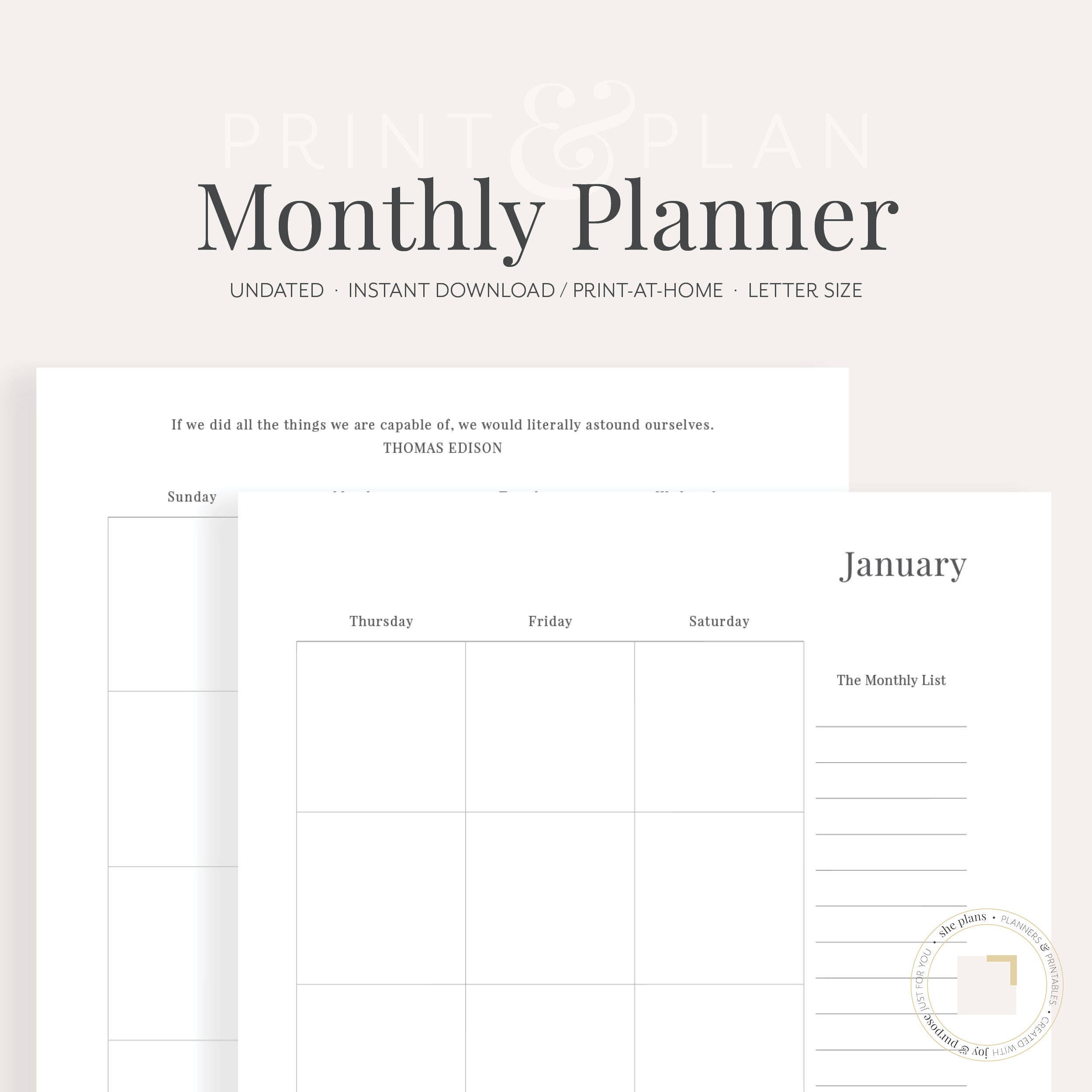 undated monthly planner printable monthly calendar printable etsy