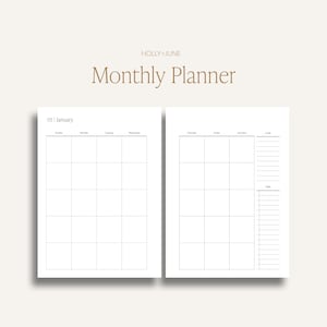 May include: A two-page monthly planner with a grid layout for each day of the month. The planner includes space for goals and tasks. The text "HOLLY+JUNE" and "Monthly Planner" are at the top. The month is January.