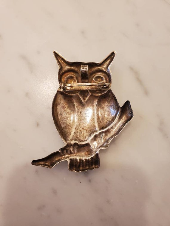 Vintage Sterling Silver lrg. Owl Brooch Pendant N… - image 4