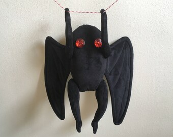 Mothman Plush - Moth Man - Soft Black Velour Mothman Plushie with Poseable Arms and Optional Pin-On Bow