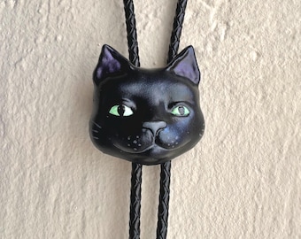 Black Cat Bolo Tie: Glow in the Dark Eyes, Leather Cord