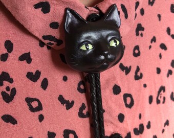 Black Cat Bolo Tie - Glow in the Dark Eyes! - Black Cat Face Bola Tie - Open Stock - Made to Order Jewelry