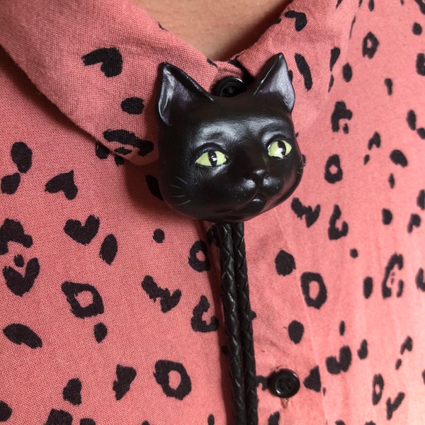 Black Cat Bolo Tie - Glow in the Dark Eyes! - Black Cat Face Bola Tie - Open Stock - Made to Order Jewelry