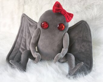 Mothman Plush - Moth Man - Soft Gray Velour with Poseable Arms and Optional Pin-On Bow