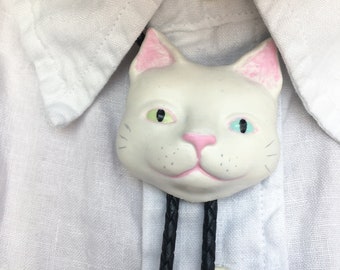 White Odd Eyed Cat Bolo Tie - Pin Option Available - Open Stock - Southwestern Style Jewelry