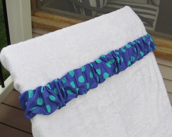 Purple with teal polka dots. Girls weekend. Resort. Cruise. Towel holder. Lounge chair. Beach towel clips. Cruise accessories. Teenagers..
