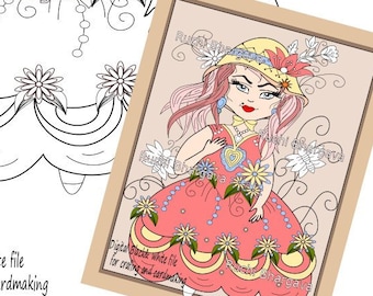 Pretty Woman Digital Stamp: Black and White Line Art (PDF, PNG, JPG)