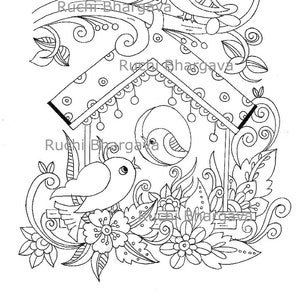Bird House coloring pages,black and white line art, adult coloring page, Bird, Instant download. image 1