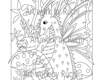 Cute Dragons- pack of 2 coloring pages, adult coloring pages- instant download- black and white line art-coloring, Dragons'.