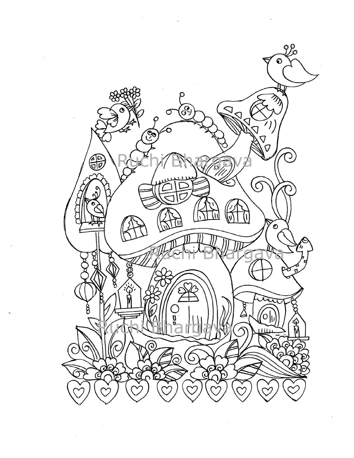 Mushroom Land-coloring Page,black and White Line Art, Adult Coloring ...