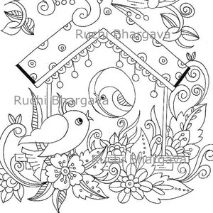 Bird House coloring pages,black and white line art, adult coloring page, Bird, Instant download. image 2