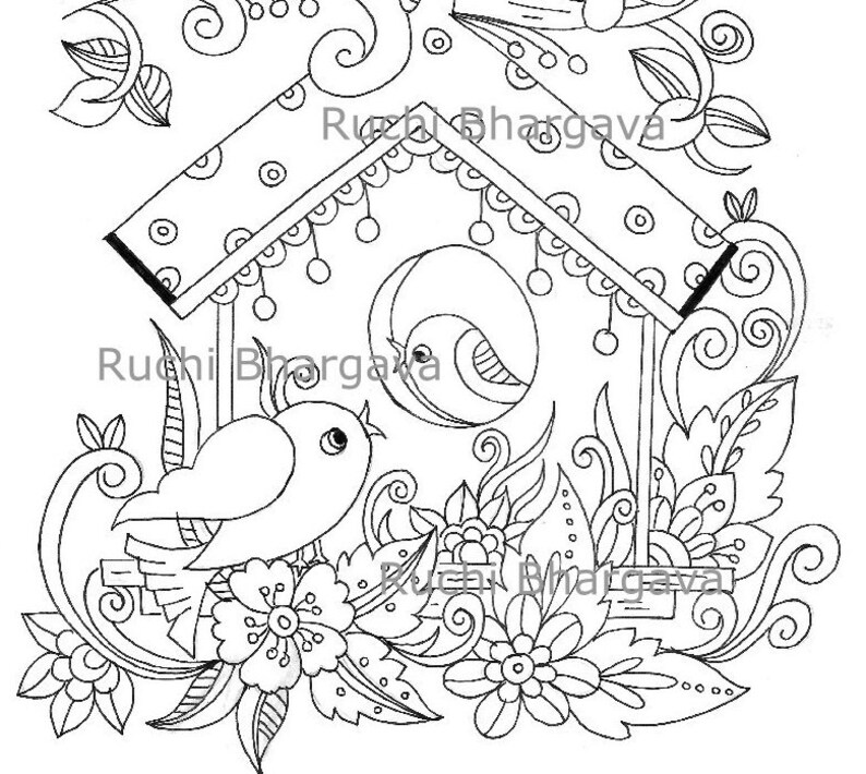 Bird House coloring pages,black and white line art, adult coloring page, Bird, Instant download. image 2