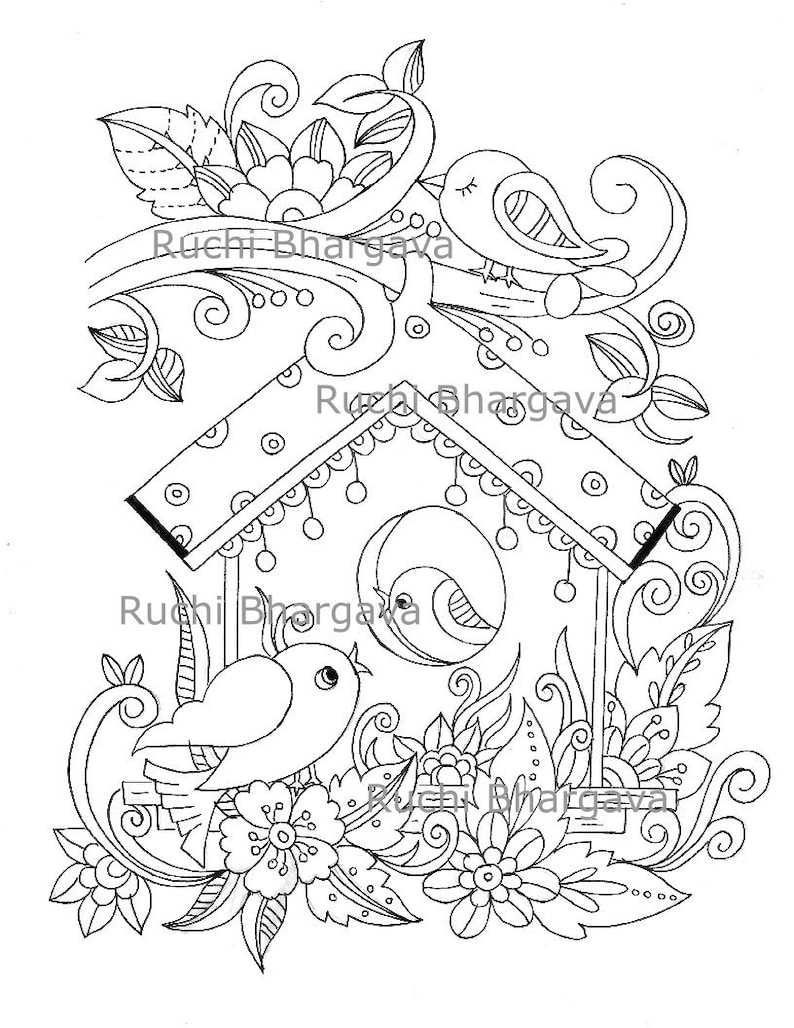 Bird House coloring pages,black and white line art, adult coloring page, Bird, Instant download. image 1