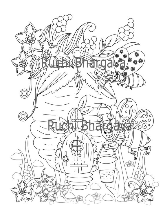 Bee House Coloring Page Pdf Format in White as Well as Black Etsy