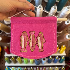 Three Fishes - Small Handmade Chainstitch Embroidered Felt Banner