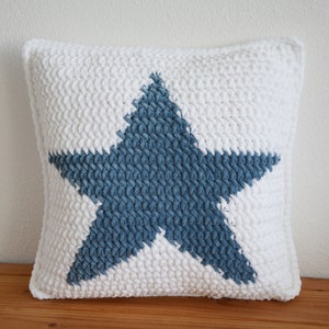 May include: White crocheted cushion with a blue star design.