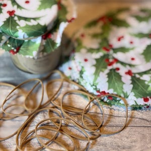 May include: A glass jar with a lid covered in a green and white holly leaf and red berry patterned fabric, accompanied by a matching fabric cover and a collection of tan rubber bands arranged in the foreground.
