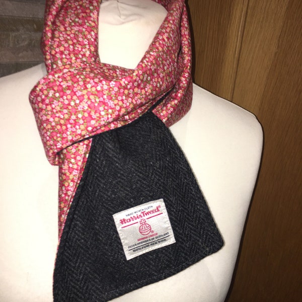 Harris Tweed Scarf In Dark Grey Herringbone with a Small Flowers Fabric  cotton Lined. Scarf, Tweed Scarf, Liberty scarf