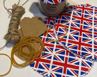 Jam Jar Covers  x 12  Union Jack  fabric, Gift Tags, String , Elastic