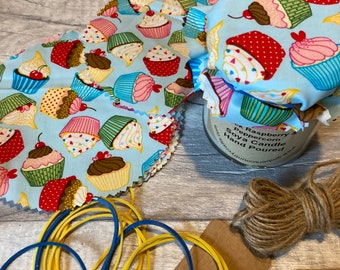 Jam Jar Covers  x 12  Cup Cake  fabric, Gift Tags, String , Elastic