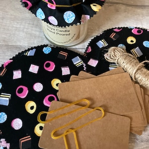 Jam Jar Covers  x 12 .Liquorice  Fabric Theme