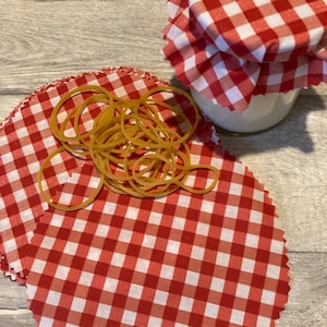 Red Gingham Jam Jar Covers: Cotton Fabric, Elastic Bands (Set of 20)