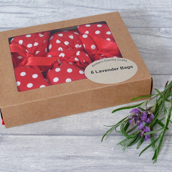 Lavender Bags  Boxed, Red Dotted Fabric, 6 Lavender Bags