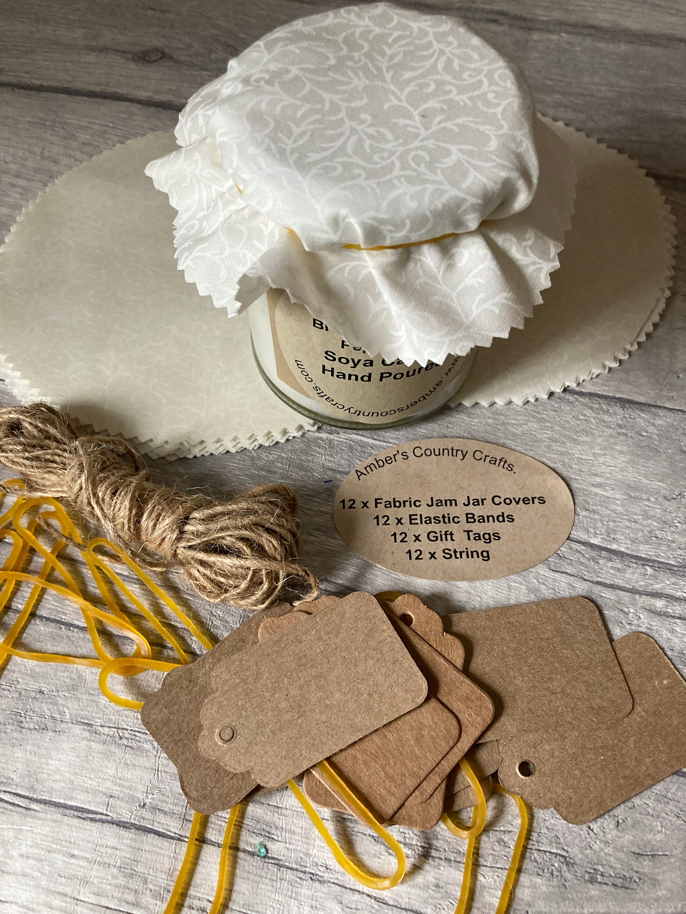 Jam Jar Covers X 12 Ivory Fabric Gift Tags String Elastic Etsy
